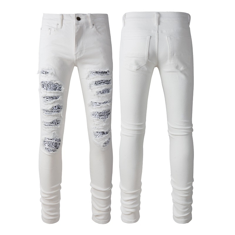 High Street Fashion Brand White Slim Stretch Ripped Jeans Men's Casual Pants Men's American Ripped Pants 843