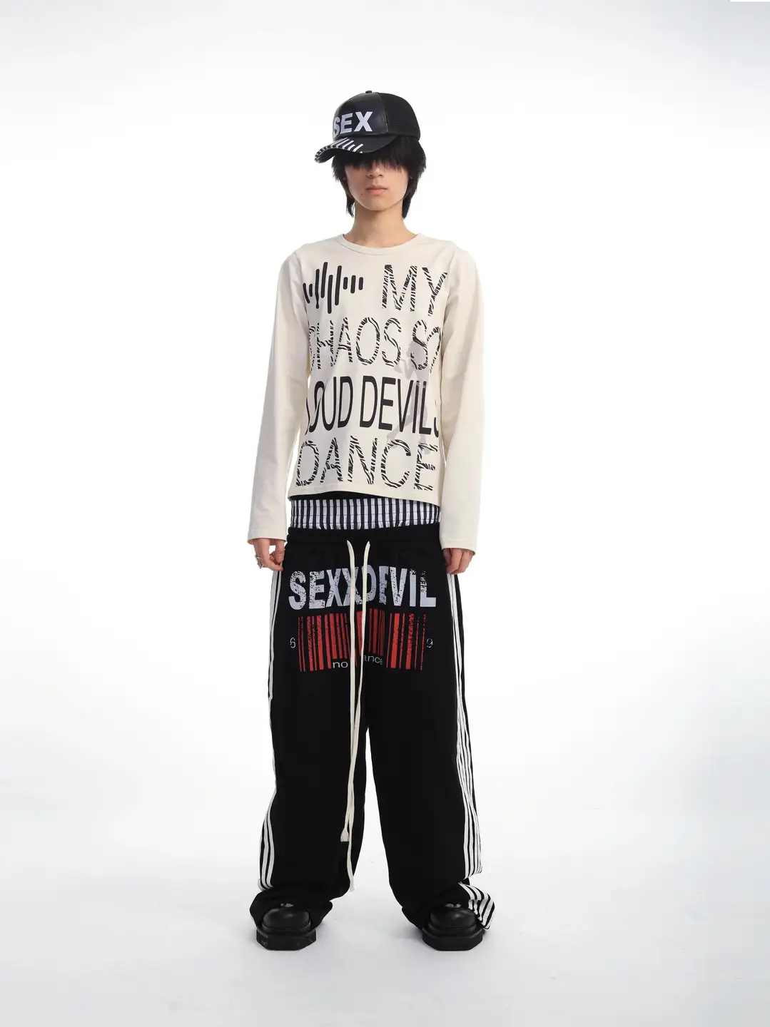 Sexxdevil「Party Series」“Lady” Zebra Print Shoulder-Decortated Distressed White Long-Sleeve T-Shirt