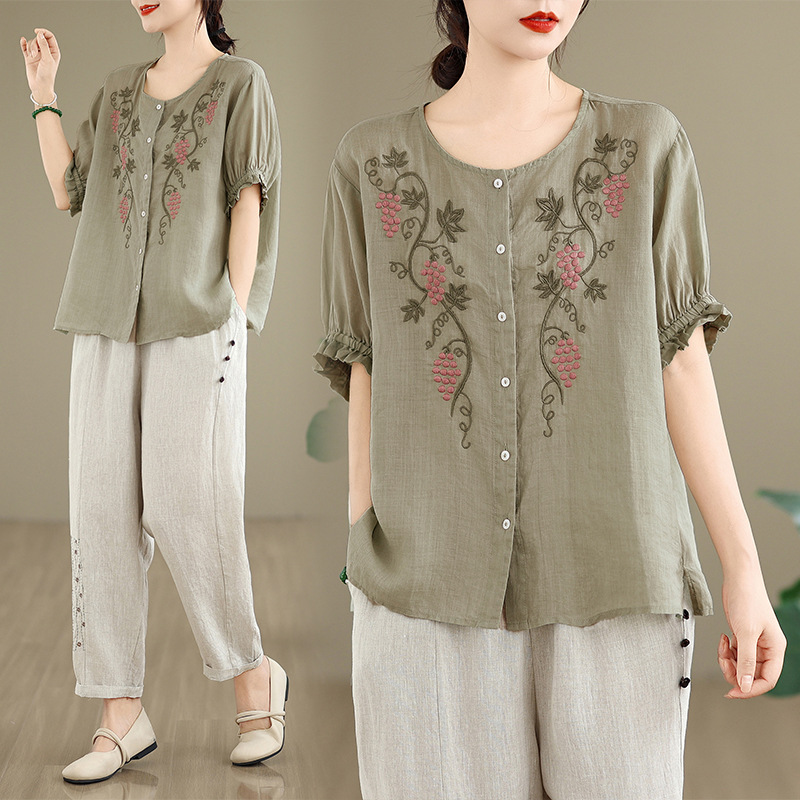 2026 Summer New Style Artistic Retro Heavy Embroidery Cotton Short-Sleeve Round-Neck Loose T-Shirt Top for Women