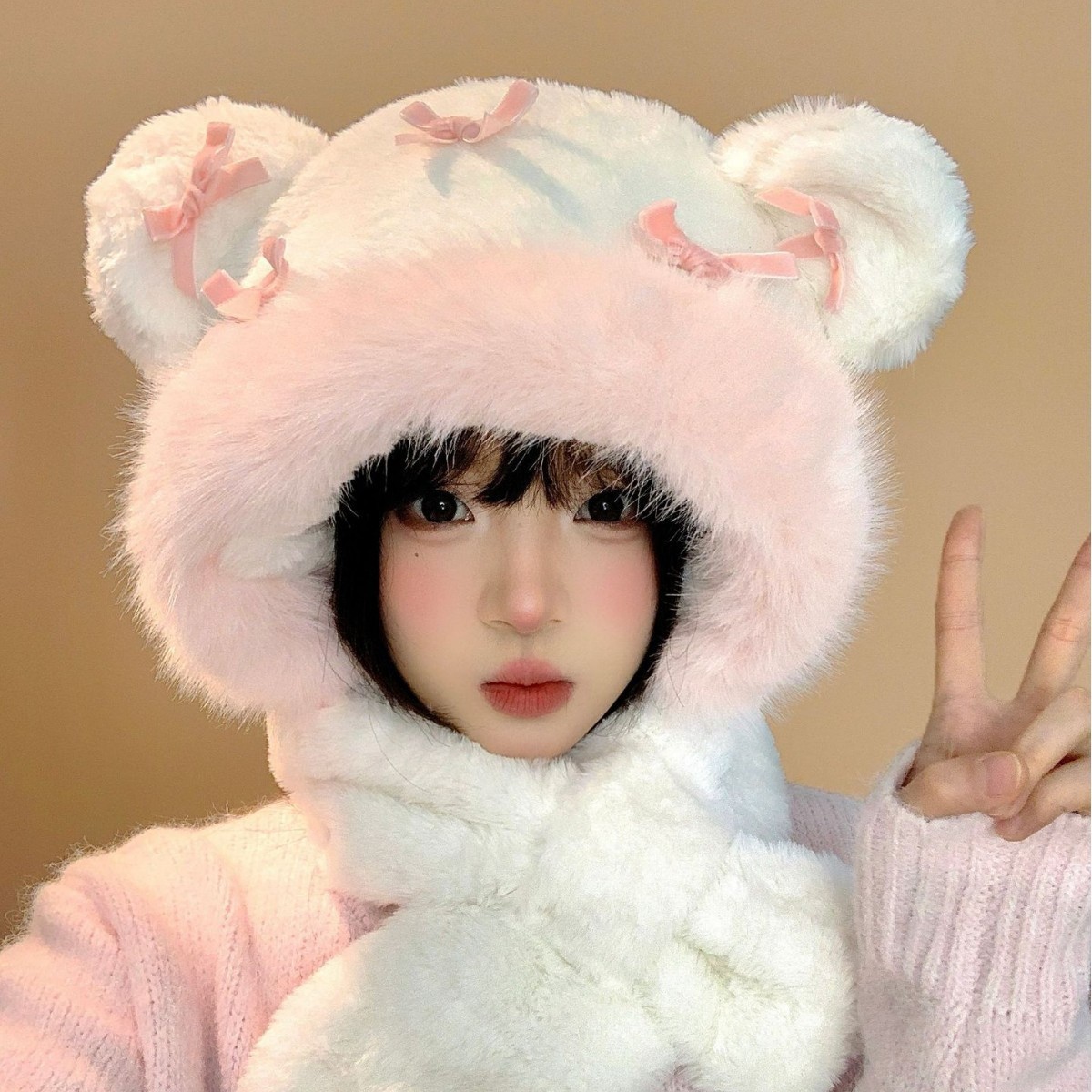 Cute Plush Bear Ear Hat and Scarf Combo for Women, Autumn and Winter Warm Ear Protection Lei Feng Hat, New Korean Style Versatile