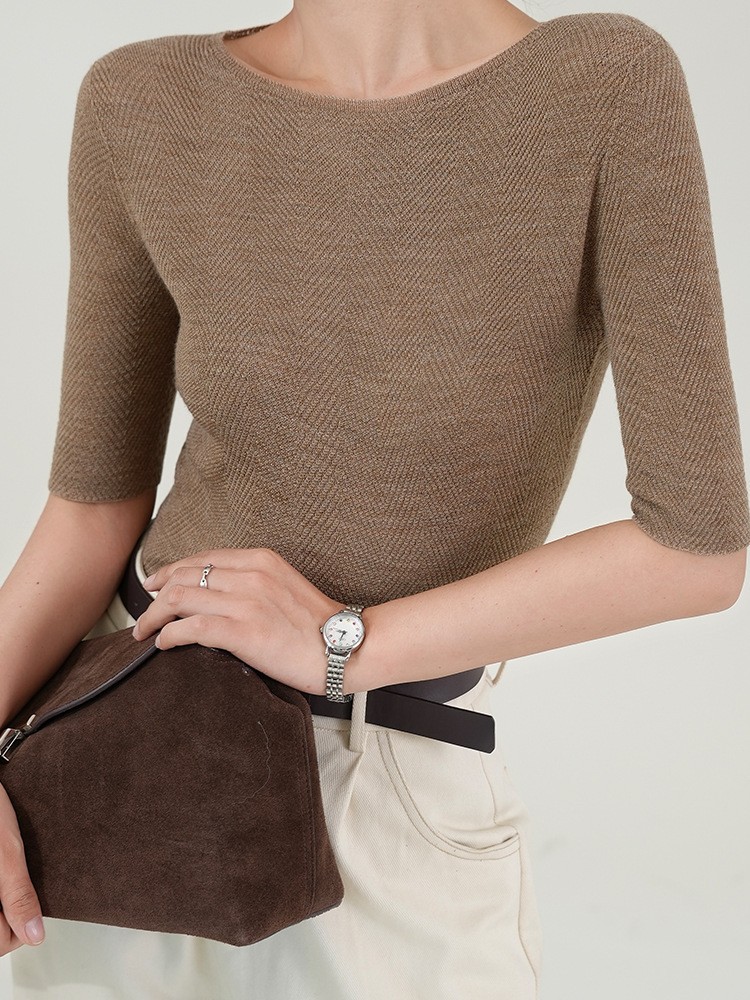 Fine-Spun Wool Sweater with Mid-Sleeves, Spring Pure Wool Top, Slim-Fit Thin Base Layer, High-End Herringbone Knit Sweater