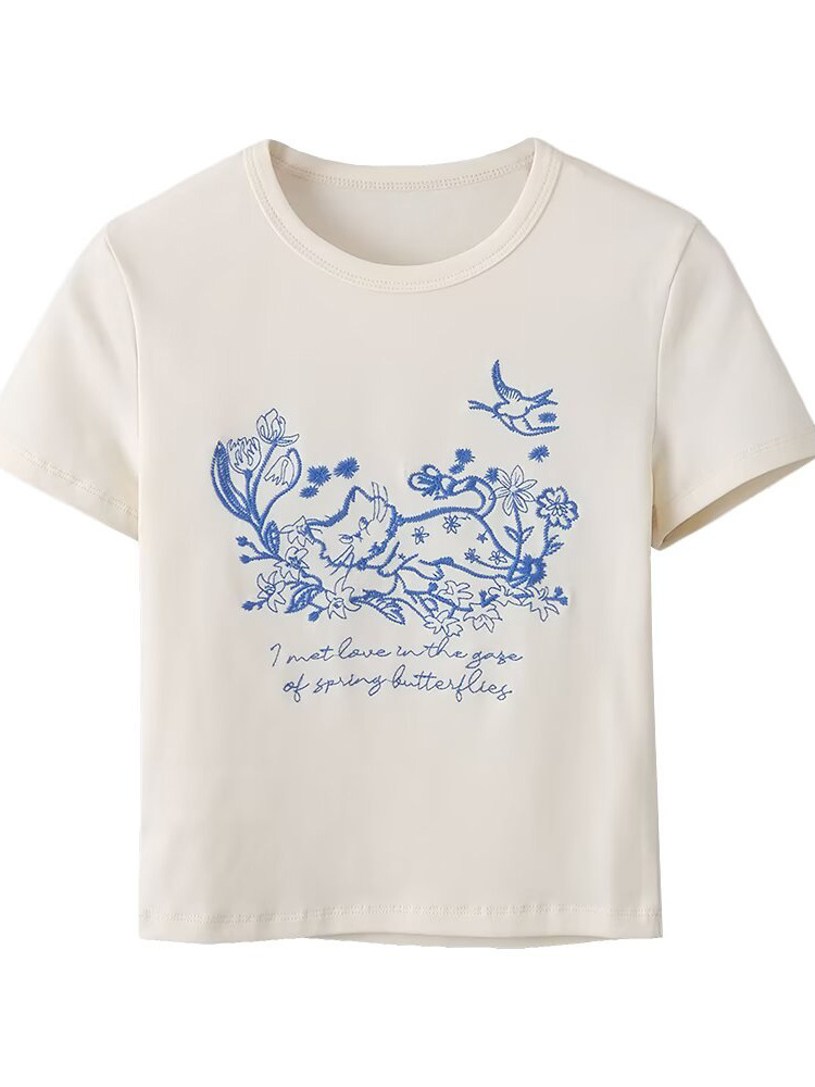 2025 New Summer Women's Fashion Style Beige Cartoon Cat Round Neck High Waist Short Right Shoulder Short Sleeve T-Shirt