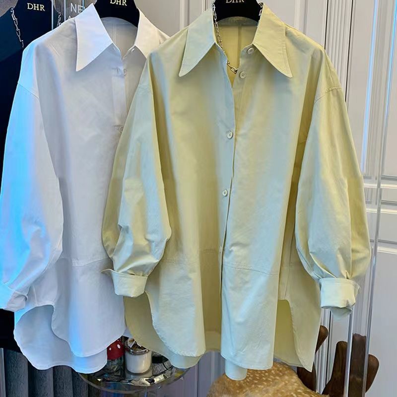 1688 Spring and Autumn New Korean Style Simple Pointed Collar Shirt Top Long Sleeve Loose Stitching Design Niche Shirt for Women