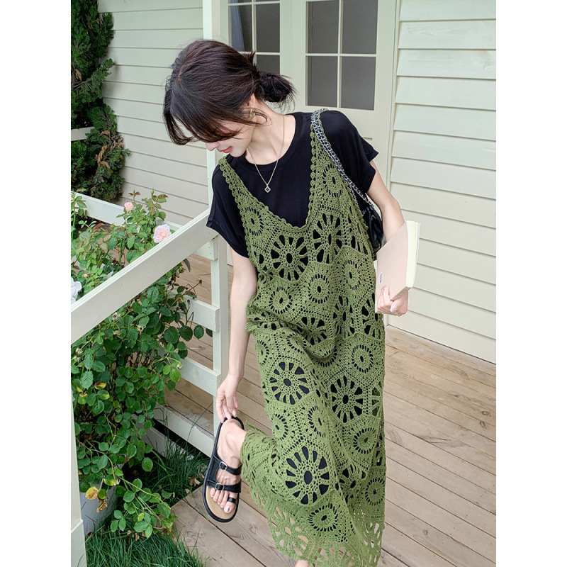 Casual Lazy Style T-Shirt Skirt Suit Summer New Crochet Cut Out Blouse Dress Two-Piece Set