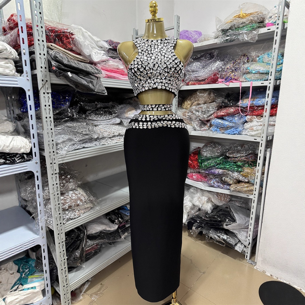 New Fashionable Backless Diamond-Encrusted Hot Girl Mini Short Design Top + Casual Tight-Fitting Hip Skirt Suit