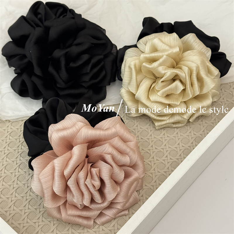 Korean Style Three-Dimensional Camellia Flower Fabric Hair Ring Women's High-Level Flower Hair Rope Retro Elegant Tie Rope All-Match Hair Flower