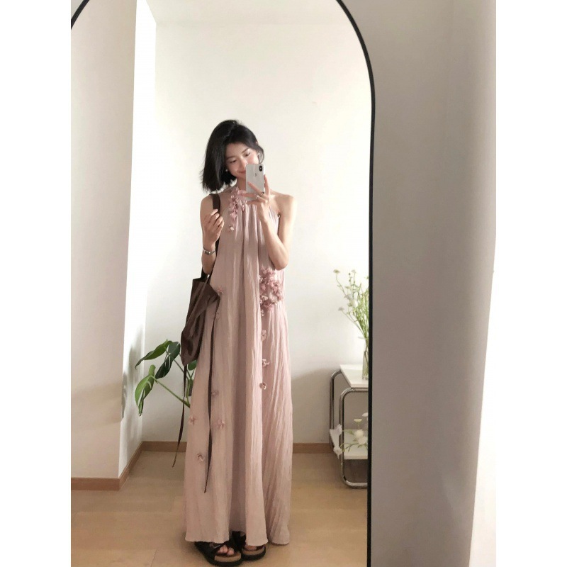 French-Style Floral Off-Shoulder Halter Dress for Women, Summer Fairy-Like Gentle and Sweet Dress, Pink Long Dress for Seaside Vacation