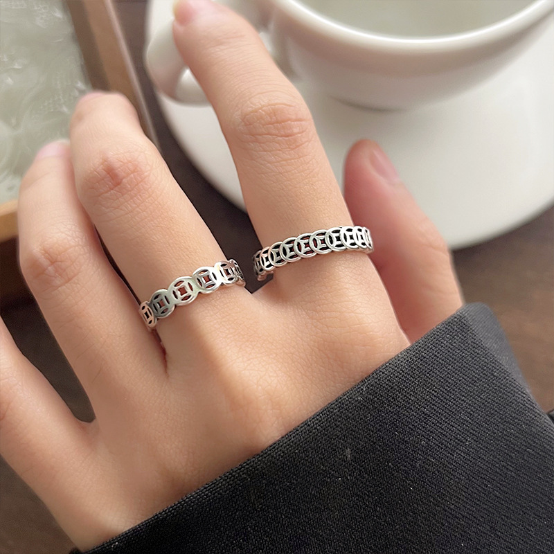 Lanzhi Personalized Retro Coin Classical Design Ring 925 Silver Ring Non-Fading Niche Personalized Open Ring