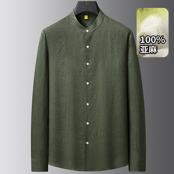 Fat Brother 2026 Chinese Retro Linen Shirt for Men, Plus Size, Spring Loose Fit, Non-Iron Stand Collar Long Sleeve Shirt
