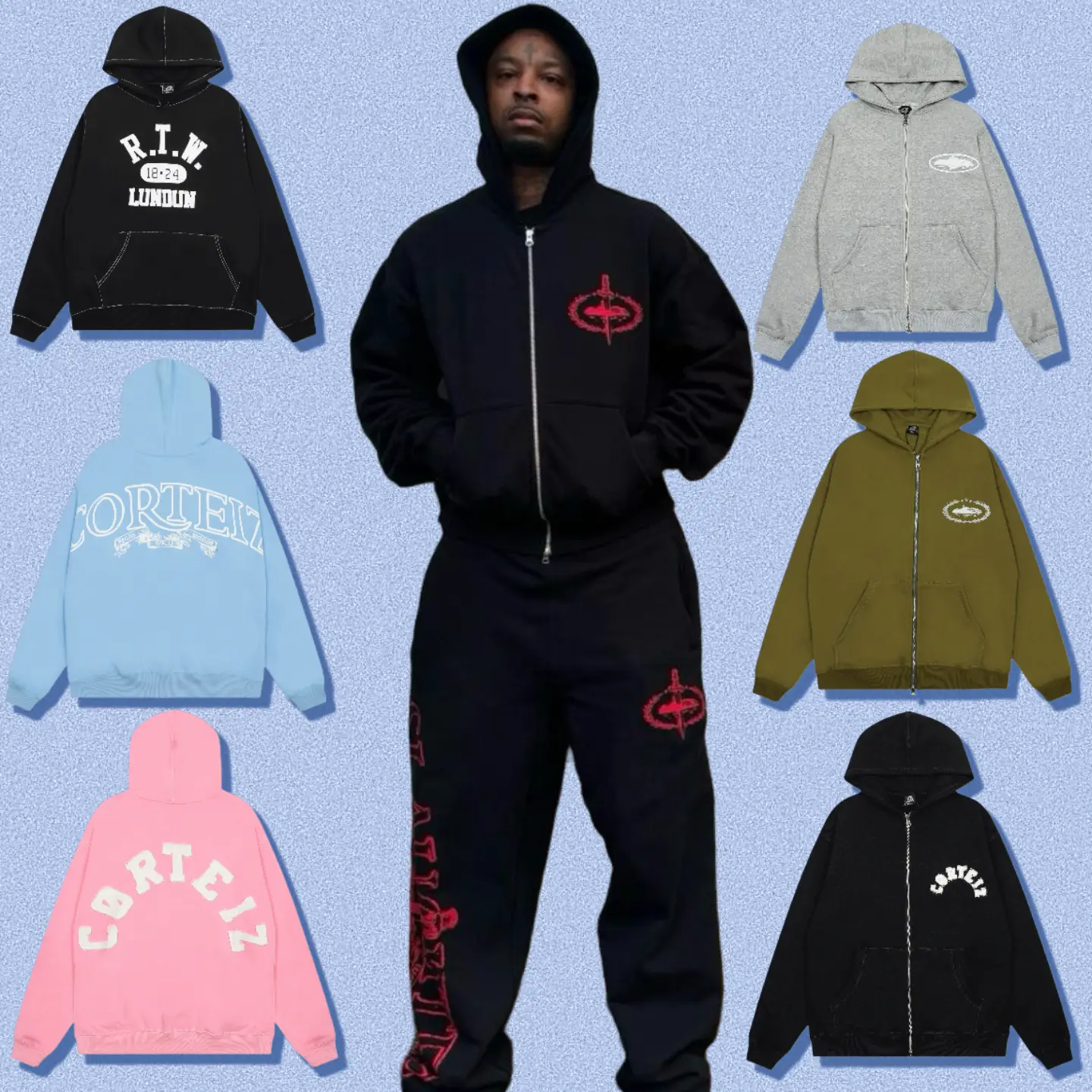 Correct Corteiz Alcatraz American Retro Street Spring and Fall Hip Hop Hooded Cardigan Sweatshirt Sweatpants Set