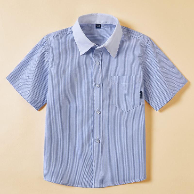 Children's Short-sleeved Blue Shirt Boy's Summer Thin Striped Shirt Middle and Big Children's Performance Clothing Primary School Students' Pure Cotton School Uniform