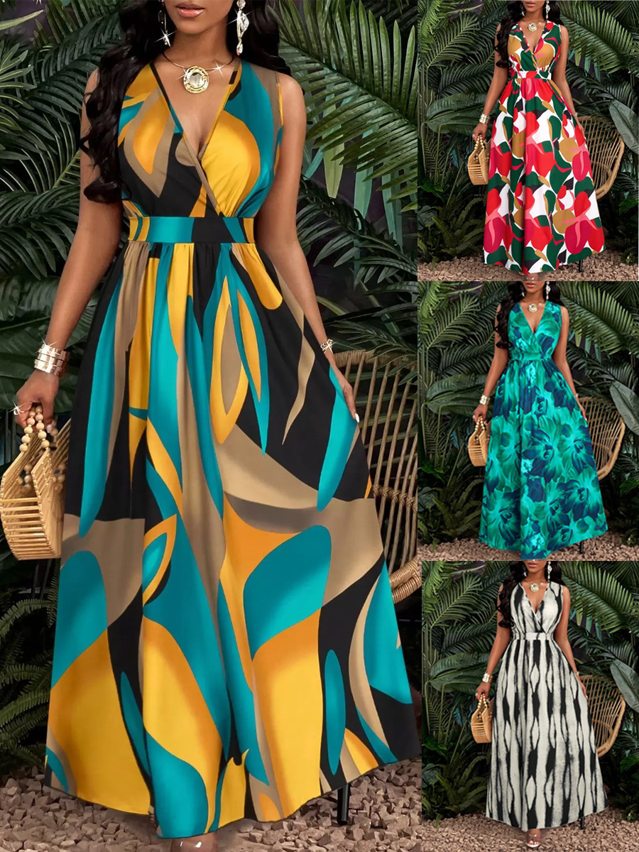 Tropical Print V-Neck Waist Twist Knit Slim Fit Flared Long Dress for Women