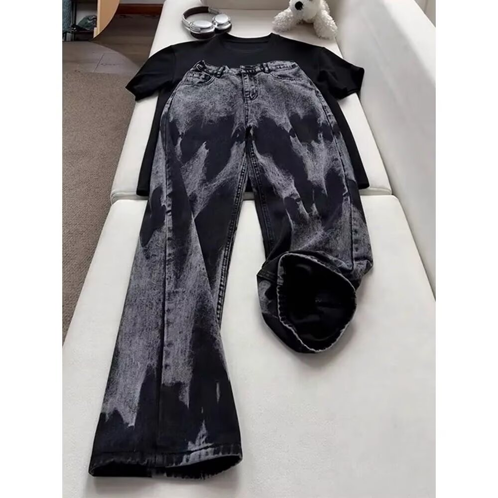 High Street Vibe Tie-Dye Gradient Men's Vintage Washed Flared Wide-Leg Jeans with Straight Design