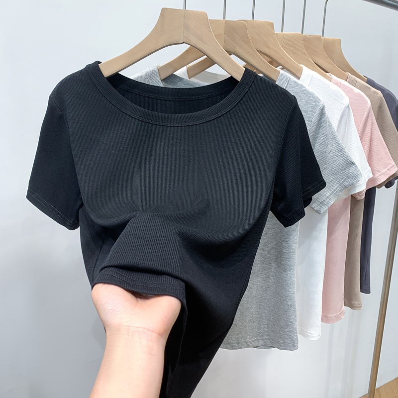 New Style Ribbed Round Neck Short-Sleeve T-Shirt for Women, Summer Thin Solid Color Simple Base Shirt, Casual Slimming Top