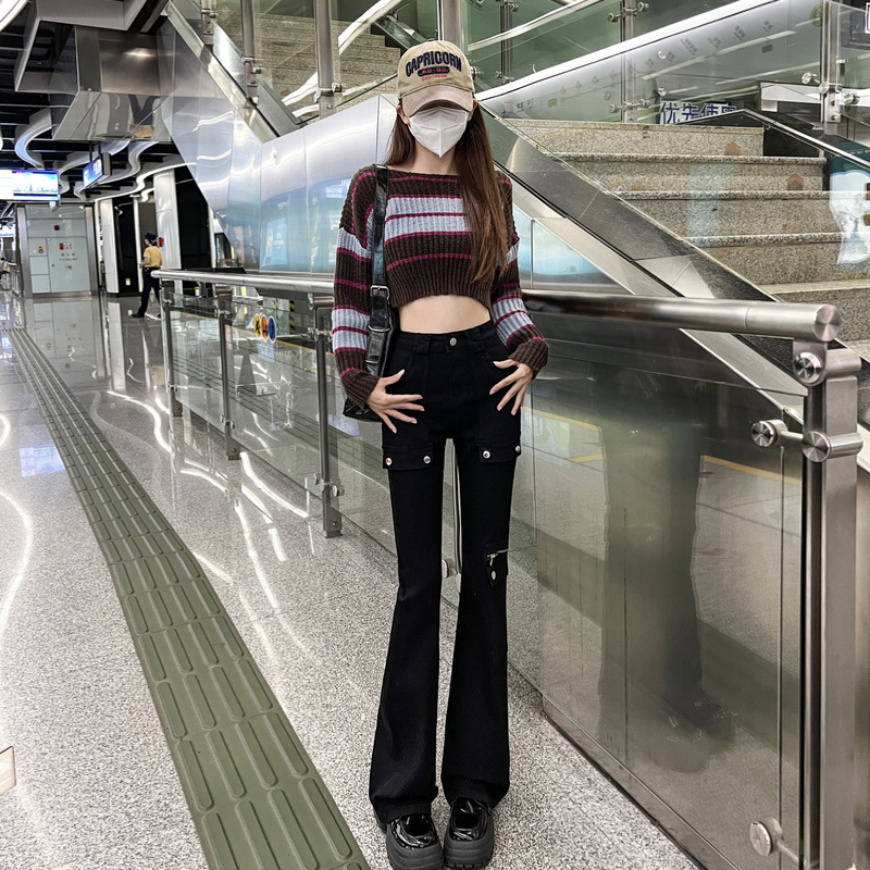 Autumn and Winter New Style Micro-Flared Jeans for Women, Fashionable Black Slimming High-Waisted Work Pants for Women