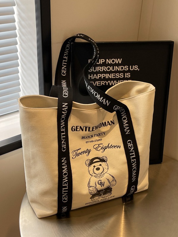 Cute Bear Gentle Woman Canvas Bag 2024 New Fashion Large Capacity Shopping Bag Shoulder Bag Trendy