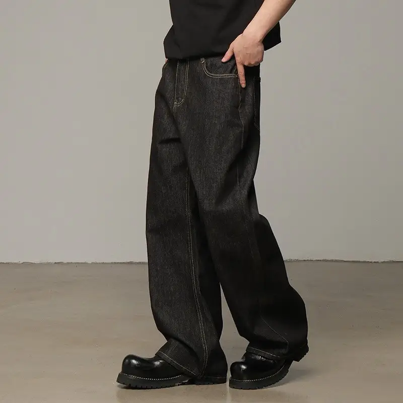 2025 American retro original cow red ear jeans men's black loose straight A-line wide-leg pants summer new