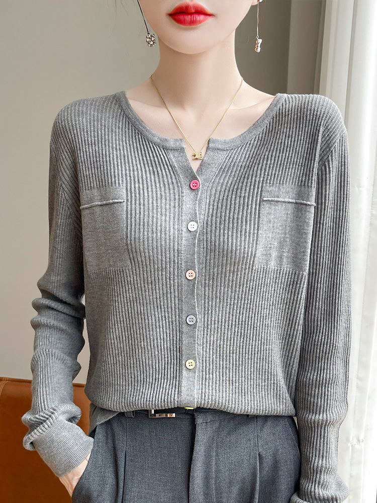 Spring and Autum New Korean Style Worsted Wool V Neck Knitted Cardigan Women's Colorful Button Fake Pocket Design Thin Outwear Sweater