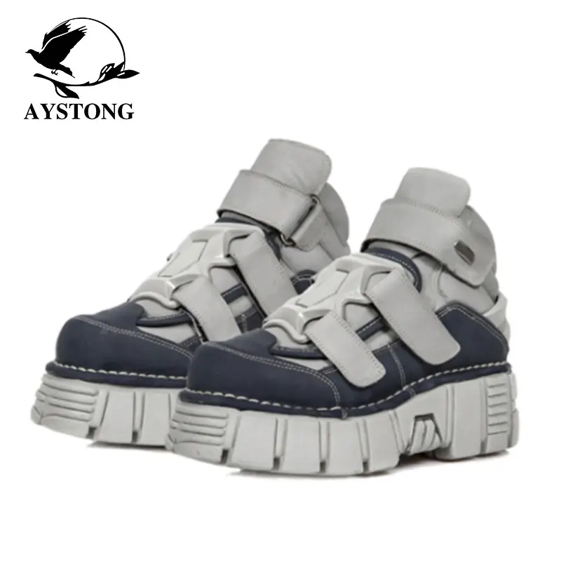 2024 Spring and Autumn New Spanish Vintage Punk Contrast Shoes Women's Sponge Cake Thick soled Shoes Metal Casual High Top Shoes Women