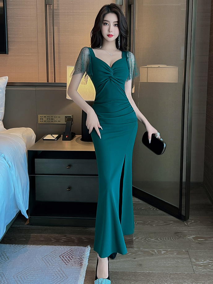 Evening Dress 2026 New Style Slim Fit Waist-Cinching Elegant Sexy Slit V-Neck Long Dress for Women