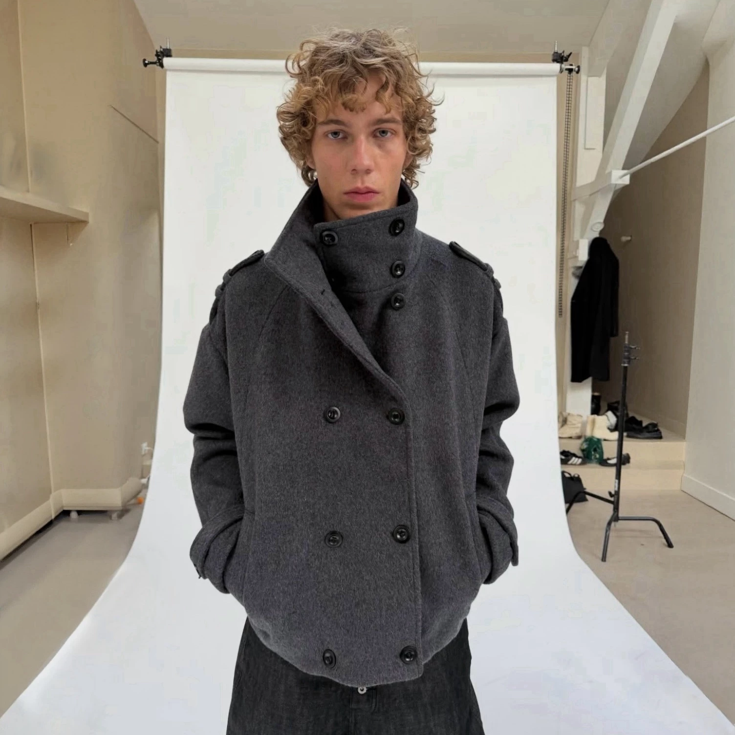Bmc Nofaith Classic American Double-Breasted Gray Wool Blend Stand Collar Navy Jacket Simple Coat