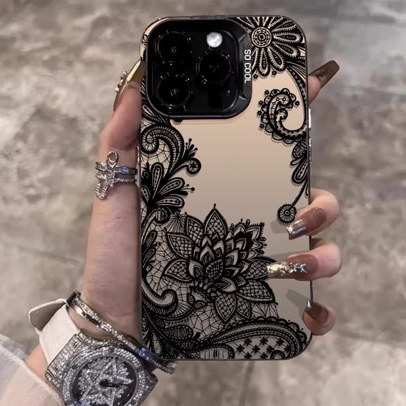 Creative Black Lace Flower Suitable for Apple 16Plus Mobile Phone Case Iphone17Promax Anti-Fall 15 Creative 14