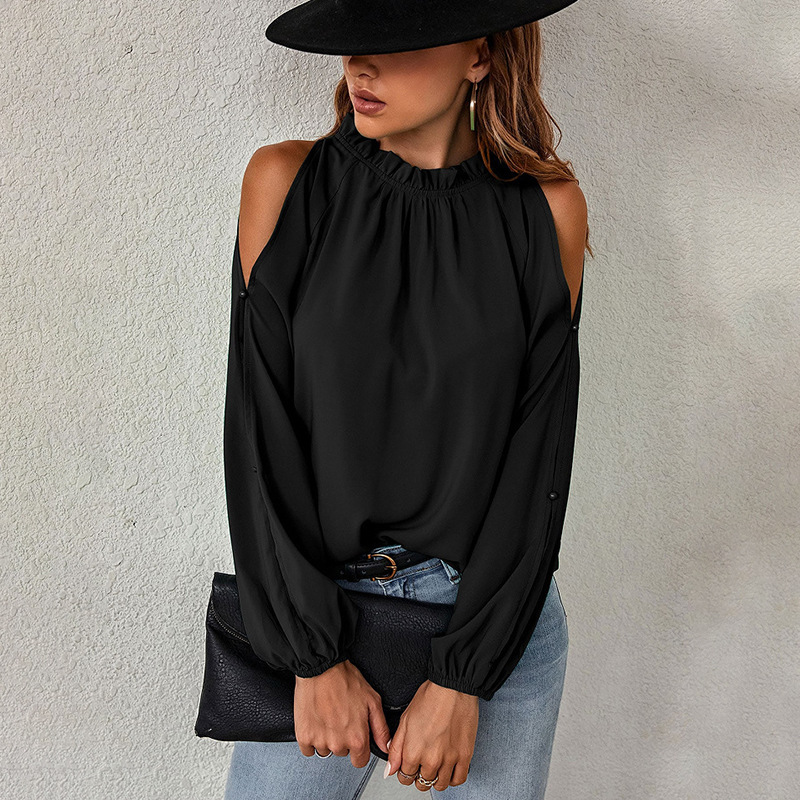 Cross-Border Amazon European and American Clothing 2024 Spring New Solid Color Fashion Round Neck Long-Sleeved Gathered Off-Shoulder Tops for Women