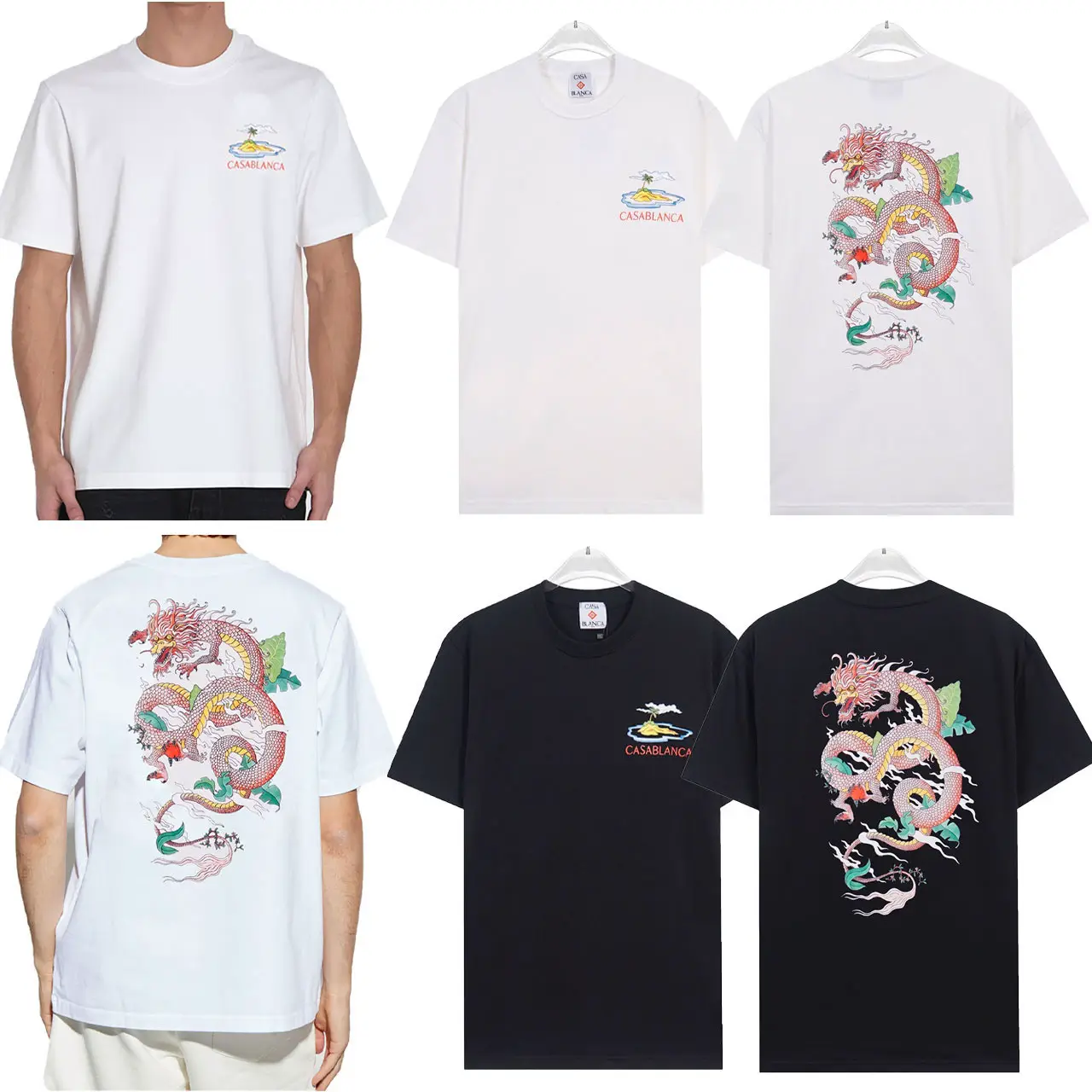 Summer Casablanca new short-sleeved foreign trade Casablanca letters logo green leaves flying dragon print t-shirt