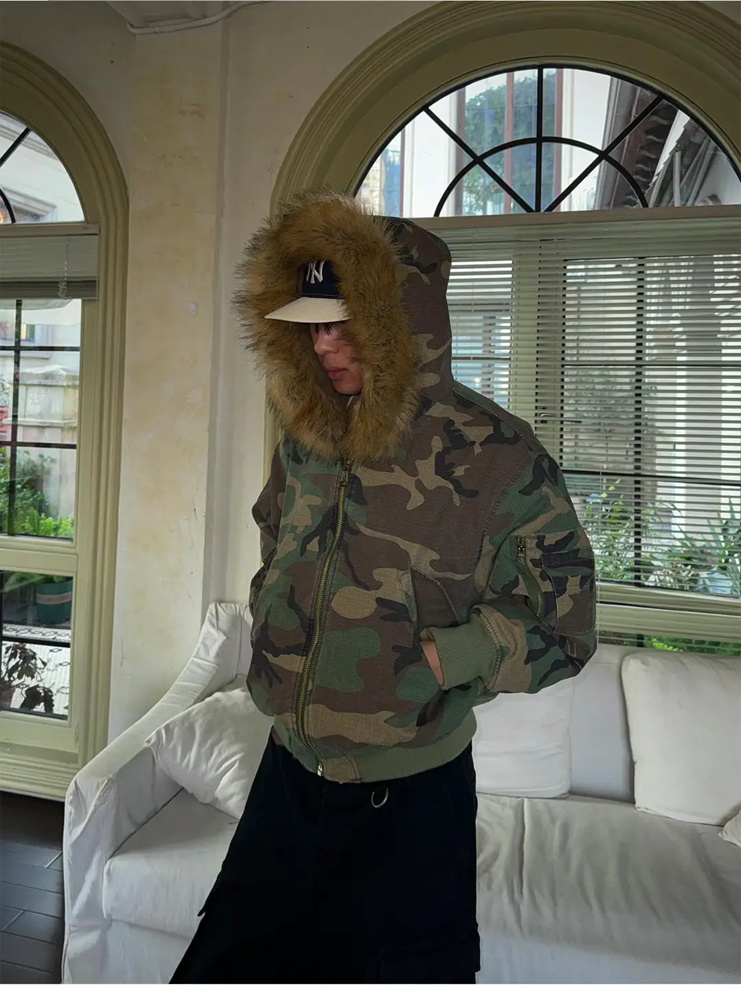 Original genuine InsGale double-sided imitation rabbit velvet seat mountain carved fur collar N2B camouflage jacket Boomberg