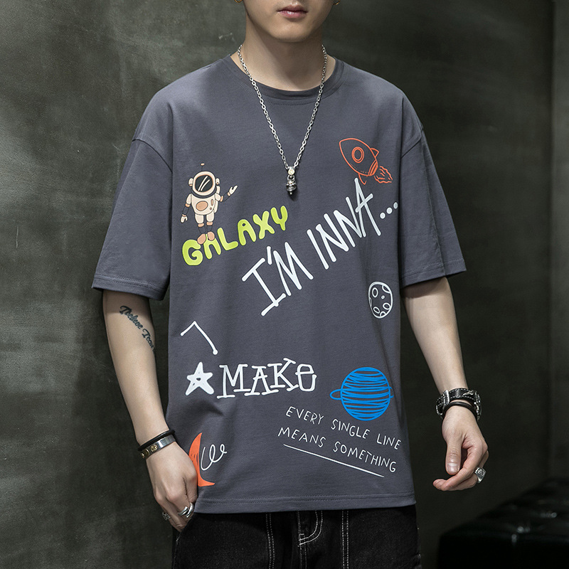 Men's 2025 Summer New Trbottomy Brand Pure Cotton Short-Sleeved T-Shirt Korean Style Ins Printed Bottoming Shirt Round Neck Half-Sleeved T-Shirt