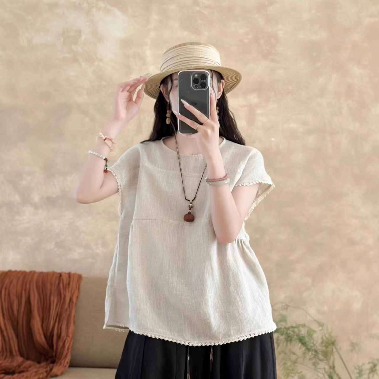 Elegant and Youthful, Slimming and Age-Reducing, Loose-Fitting Lace Linen Top, Artistic and Beautiful T-Shirt, Summer 2026