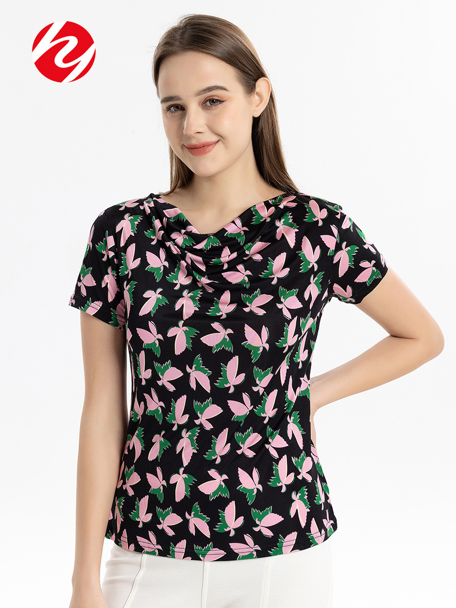 Huaye Spring and Summer Silk Printed Short-Sleeved Swing Collar T-Shirt Women's Loose Large Size Mulberry Silk Knitted Pile Collar Bottoming Shirt