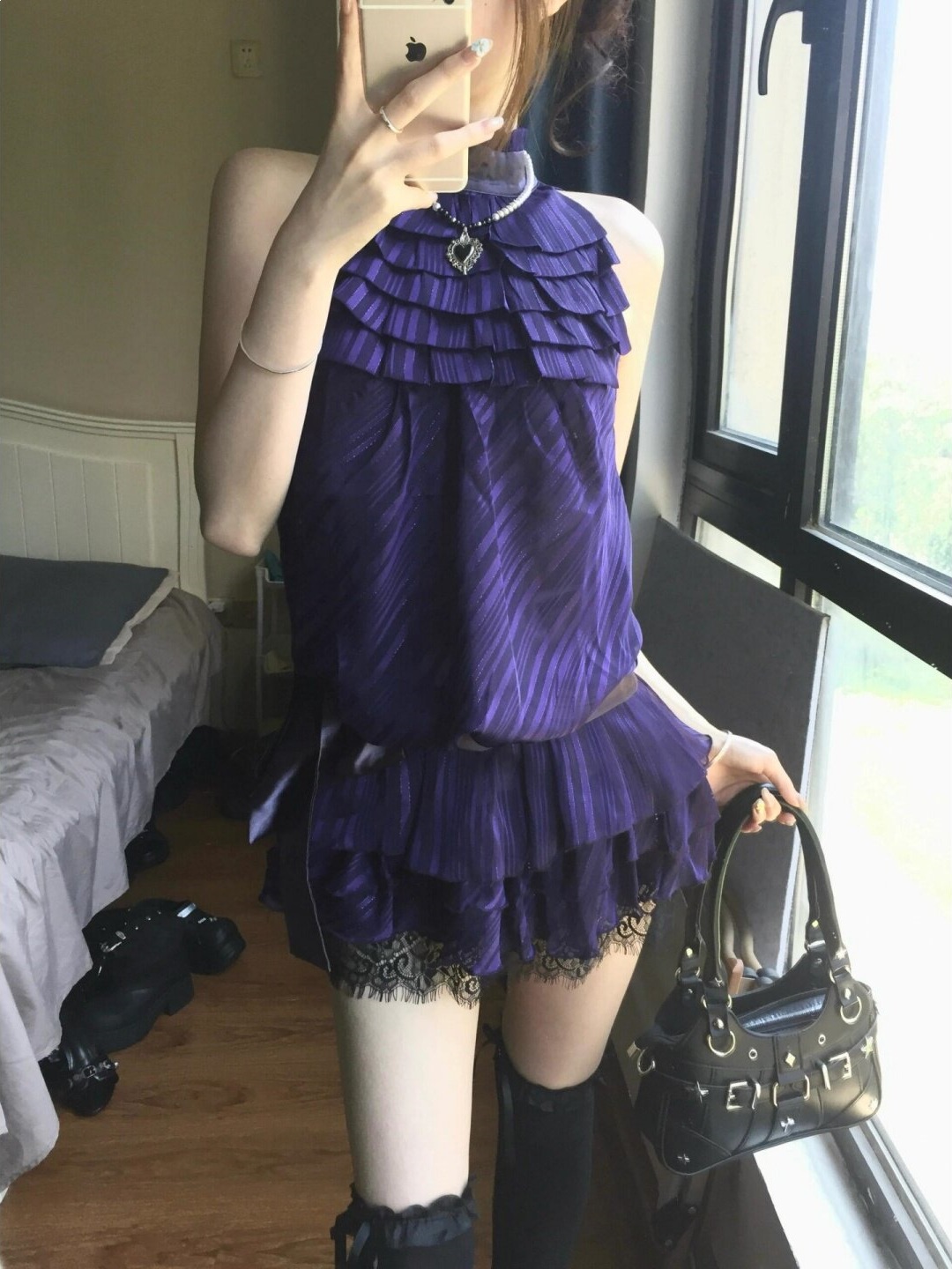 2026 New Purple Satin Lace Halter Neck Dress for Women, Summer Spicy Girl Style, Waist-Cinching Vintage Tiered Dress