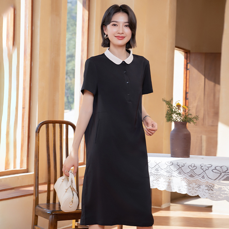 Yun Yun 2025 Summer New Solid Color Dress for Women with a Turn-Down Collar, Pullover Style, Casual and Elegant, Loose Fit, Korean Style, Suitable for Commuting