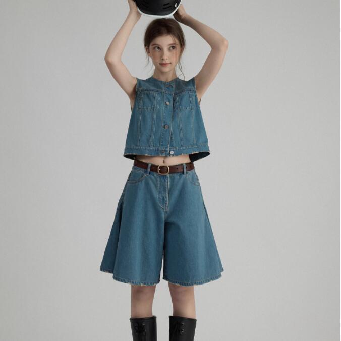 Look At First Sight! Retro Distressed Summer RAw Edge Sleeveless Short Style LArge A-line Version Low-wAisted HAndsome JeAns Skirt Suit