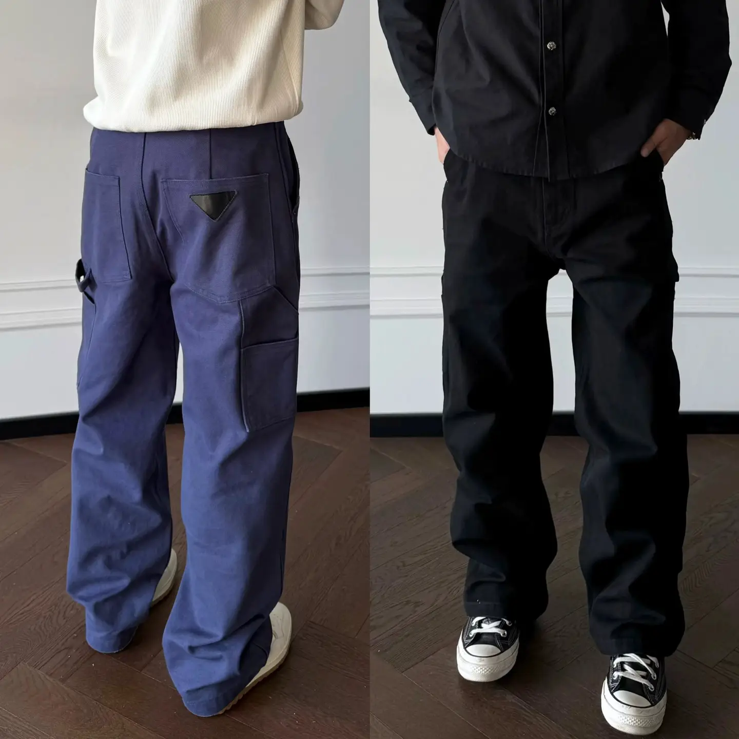 P Family Style Inverted Triangle Logo French Work Blue Retro Lumberjack Cargo Pants Washed Vintage Casual Loose Straight-Leg Trousers
