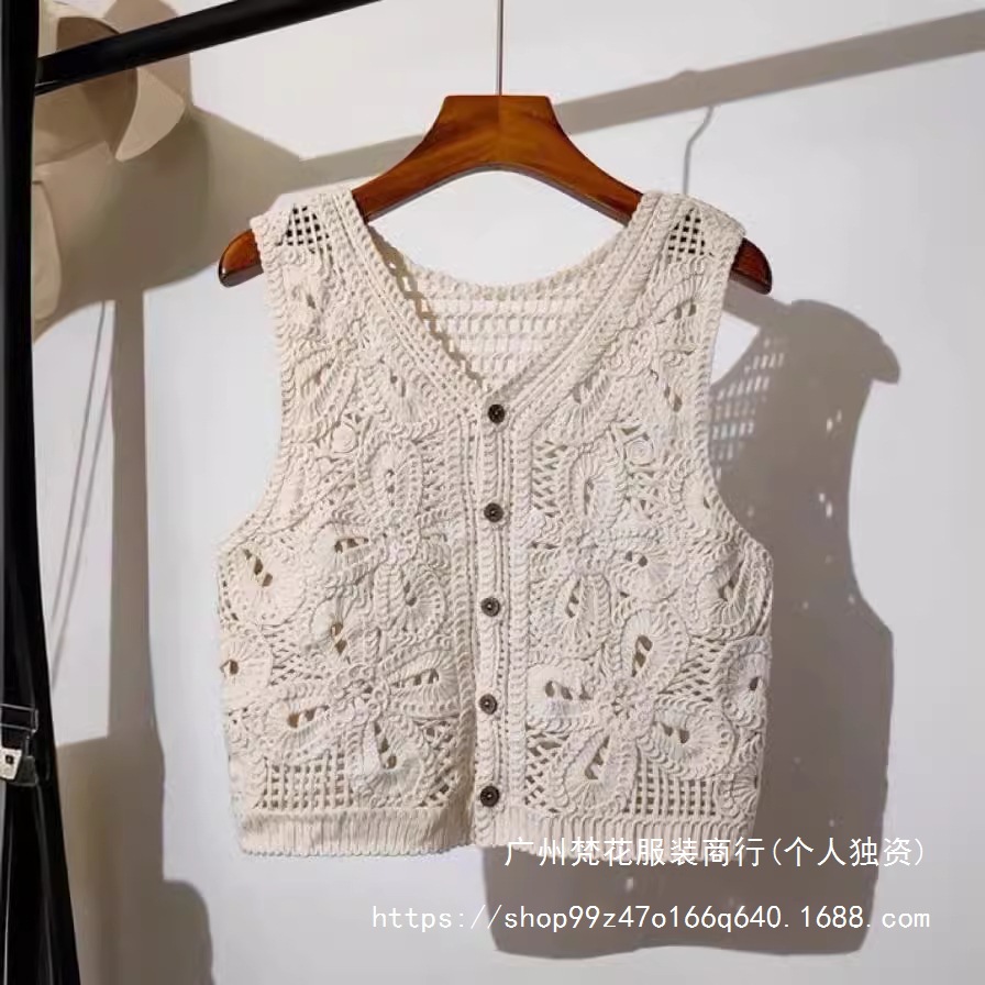 Ethnic Crochet Thick Knitted Vest Sleeveless Hollow Thin Single-breasted Cardigan Outer Wear Top Women's Wholesale