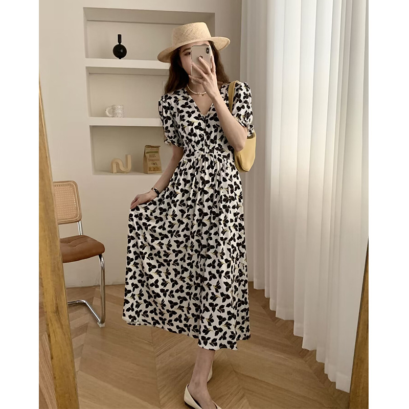 2023 Summer New French Puff Sleeve Retro Wrap Dress Black and White Flower Waisted Slimming Oversize Dress