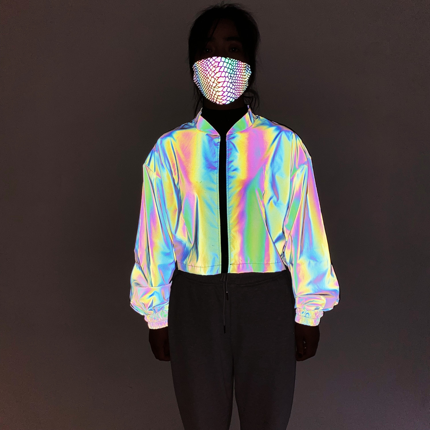 2025 Spring and Autumn European and American Fashion Short Colorful Reflective Jacket Women's Ins Loose Stand Collar Short Jacket Plus Size Women's Clothing