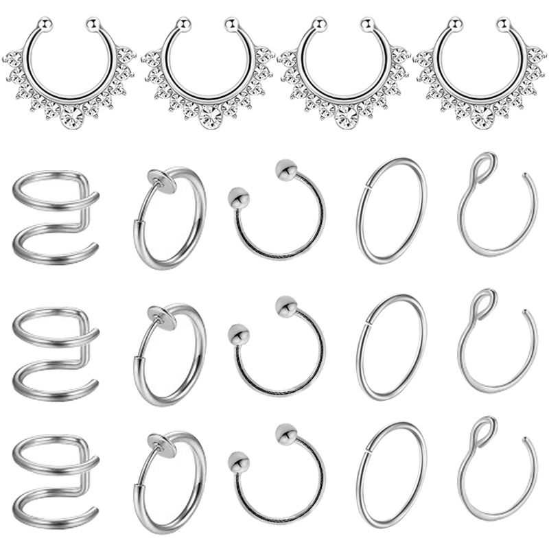 European and American trend earrings C- shaped double-ring ear clip nose ring fake nose ring multi-group one nasal septum set factory outlet