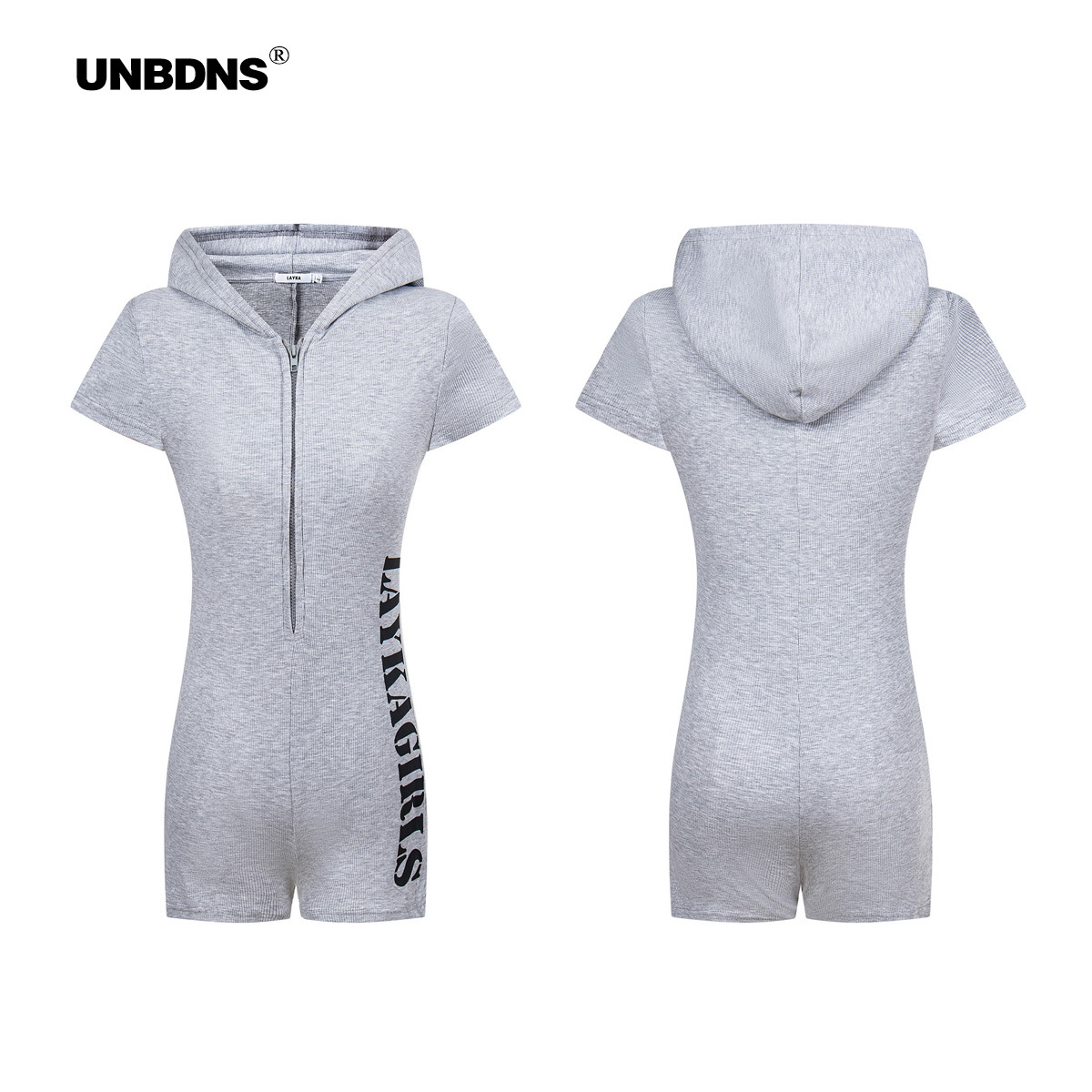 UNBDNS original design zipper jumpsuit short sleeve female hooded material soft highlights the hot girl good figure magic clothes