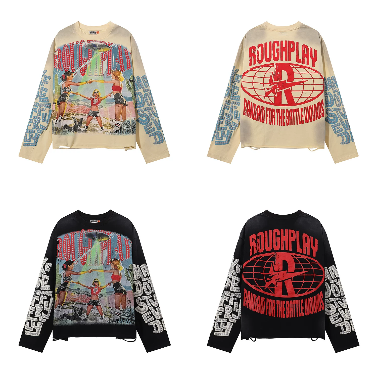 Rough Play High Street Retro Abstract Printed Loose Casual Punch Splicing Bottom Long Sleeve T-shirt for Men
