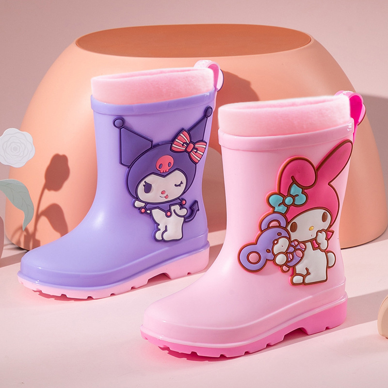 Genuine Sanrio Children's Rain Boots Cartoon Kulomi Boys and Girls fleece-lined Waterproof Non-Slip Children's Boots Wear-Resistant Soft Cover Shoes