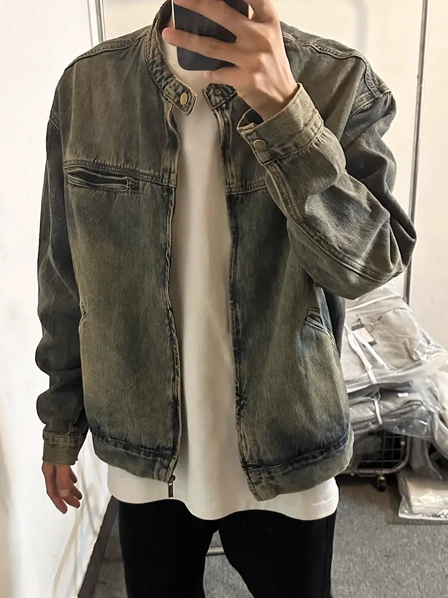 Washed and Distressed Yellow Mud-Dyed Vintage Blue Zip-Up Denim Jacket for Men, Cool and Stylish, Loose and Versatile Jacket Top