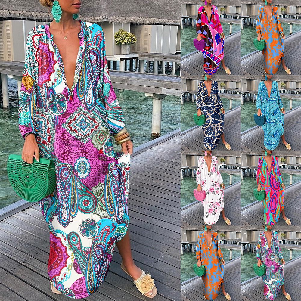 2024 cross-border independent station dress new fashion printed V-neck button loose long dress women's clothing