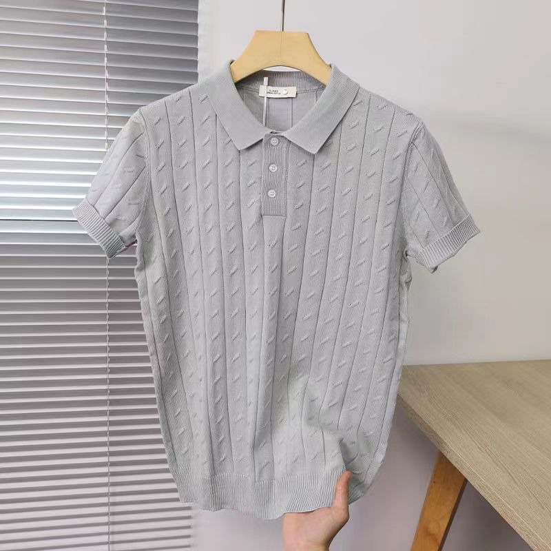 Summer Striped Short-Sleeve Polo Shirt for Men, Korean Style, Slim Fit, Solid Color, Casual Thin Knit Top, Loose Fit
