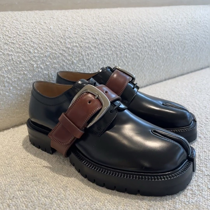 Cowhide Edition ~ Autumn and Winter New Niche British Style Contrast Color-split Toe Shoes Women's Thick Sole Increased Fashion All-match Loafers