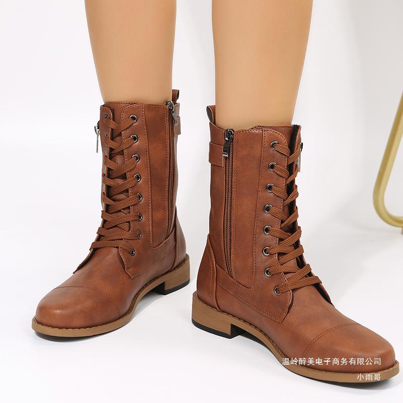 Cross-border Foreign Trade plus size Middle Barrel Belt Buckle Lace-up Leather Boots Women's Flat Bottom Low Heel Side Zipper Thin Leather Boots Amazon