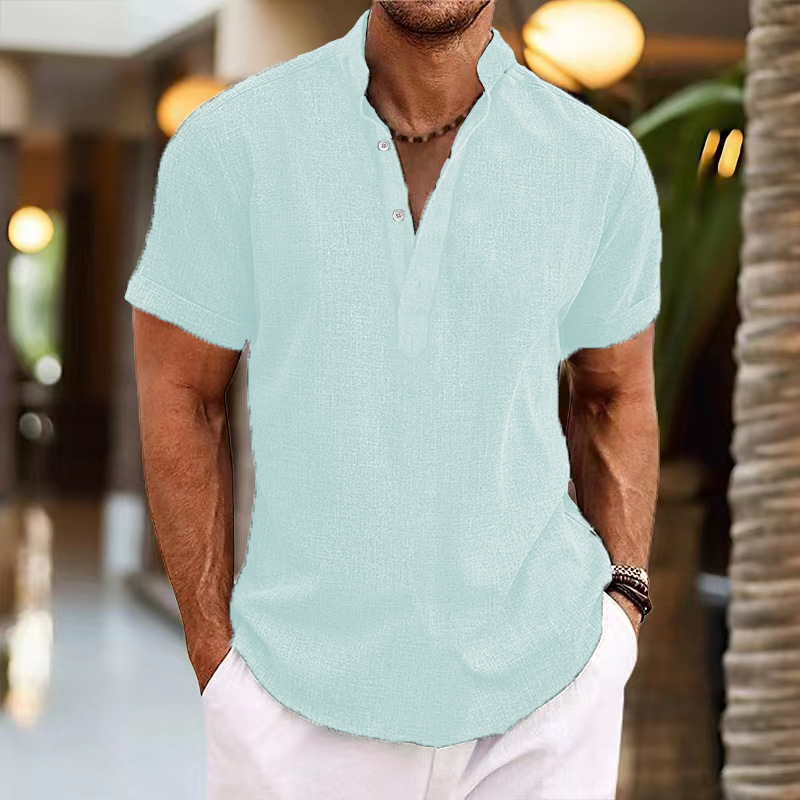 2024 Summer cross-border new European and American men's retro short sleeve stand collar Henley top daily pullover cardigan