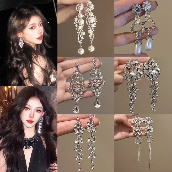 Silver Needle Diamond Flower Water Drop Tassel Earrings European and American Exaggerated 2025 New Style Light Luxury High-end Earrings for Women